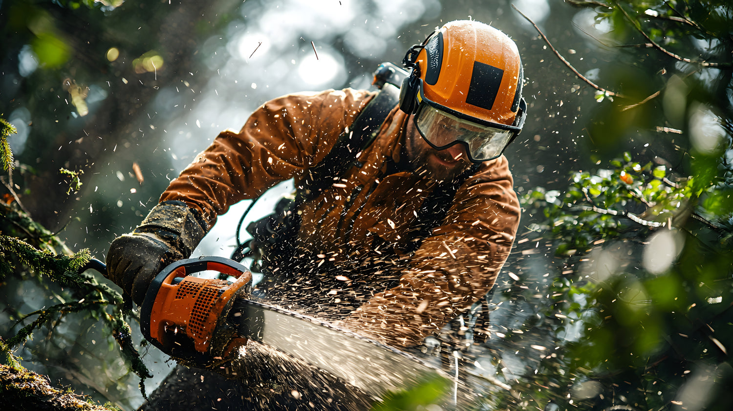 Person cutting a tree with a chainsaw in a forest setting
