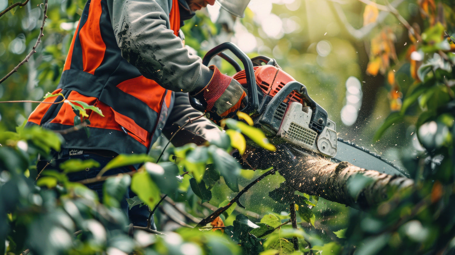 Person using a chainsaw amidst green foliage