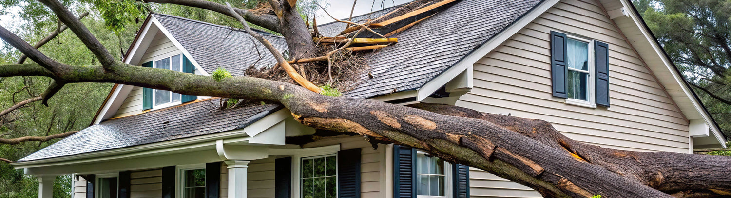 Tree fallen on a house roof causing damage
